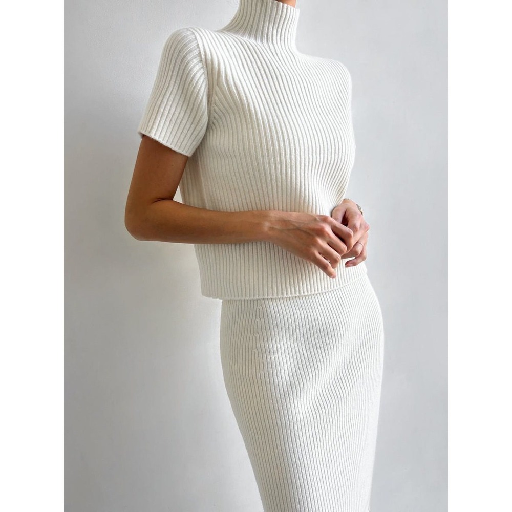 Commense Solid High‎ Neck Split Ribbed Knit Two P… - image 4